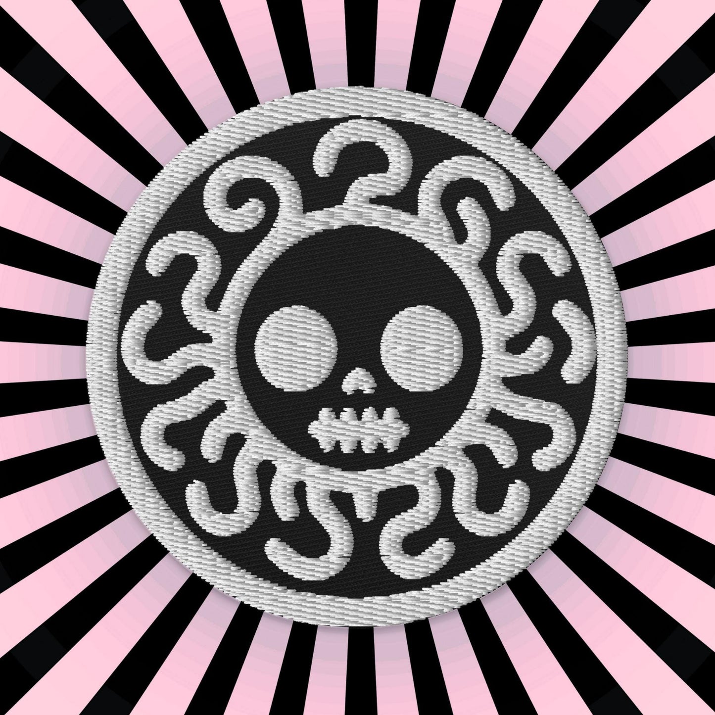 Spooky Cute Grunge Medusa Embroidered Patch With Black Background and White Stitching