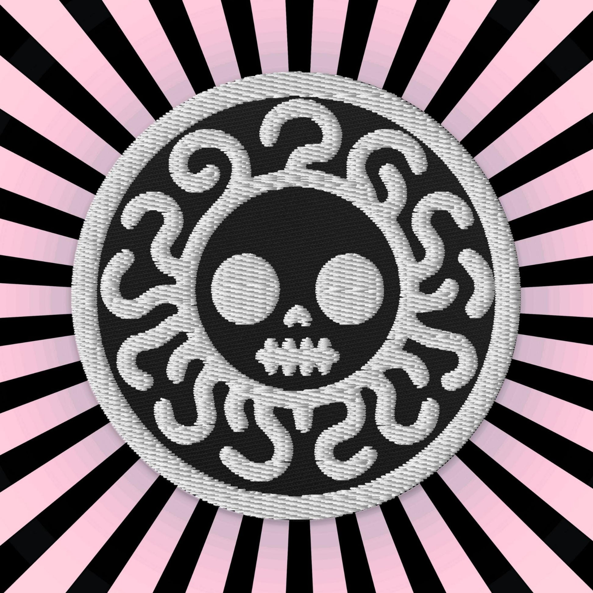 Spooky Cute Grunge Medusa Embroidered Patch With Black Background and White Stitching