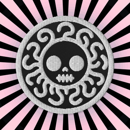Spooky Cute Grunge Medusa Embroidered Patch With Black Background and White Stitching