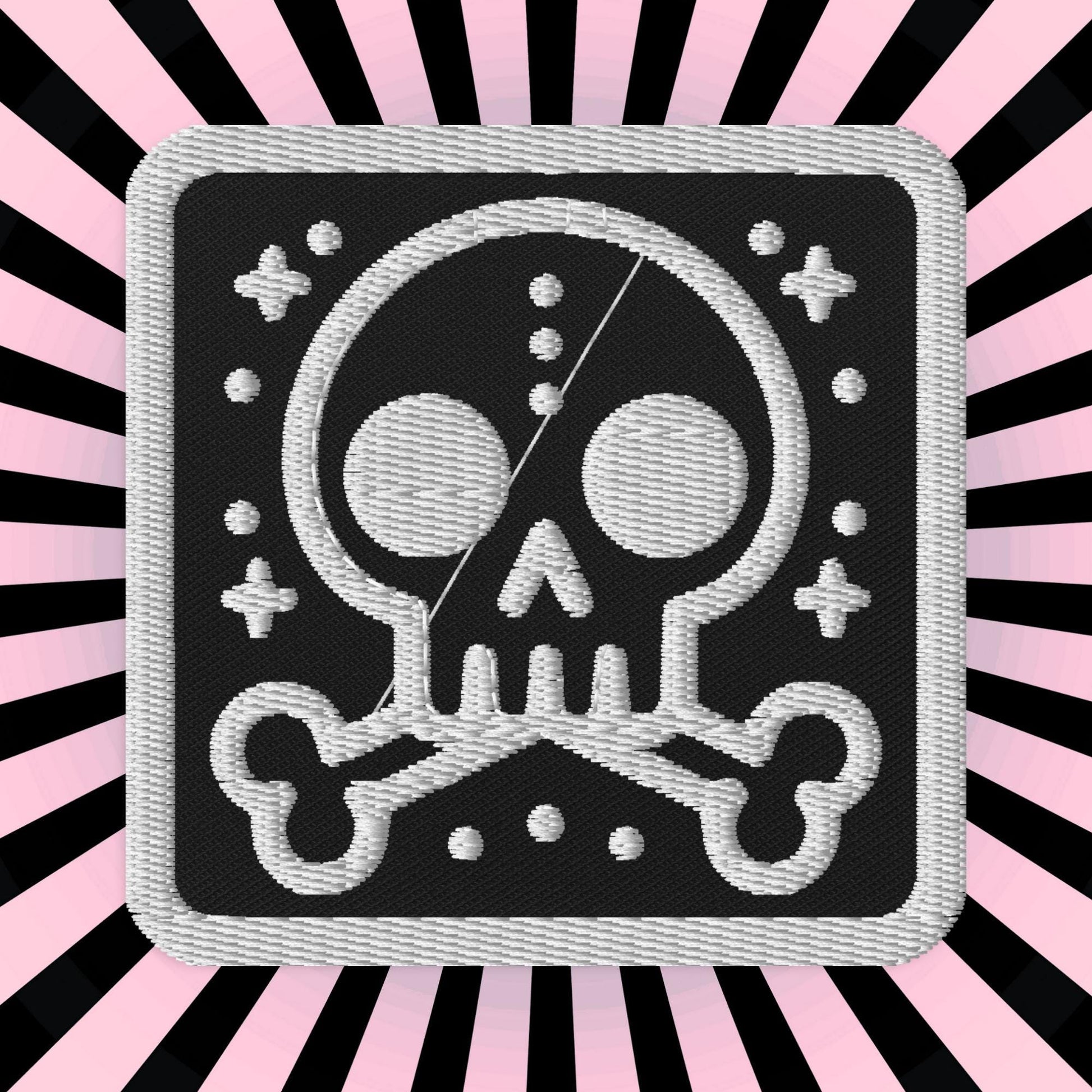 Spooky Cute Weirdcore Grunge Bubble Skull Goth Embroidered Patch White Stitching and Black Background