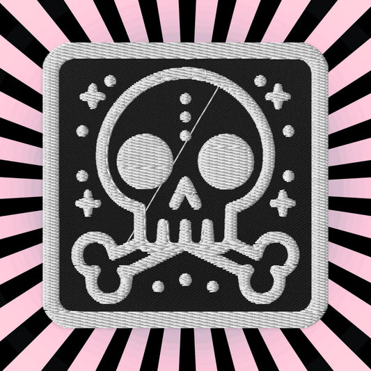 Spooky Cute Weirdcore Grunge Bubble Skull Goth Embroidered Patch White Stitching and Black Background