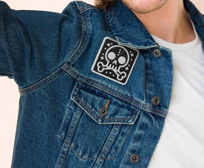 Spooky Cute Weirdcore Grunge Bubble Skull Goth Embroidered Patch White Stitching and Black Background