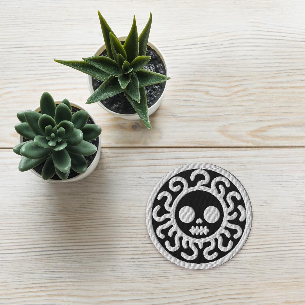 Spooky Cute Grunge Medusa Embroidered Patch With Black Background and White Stitching