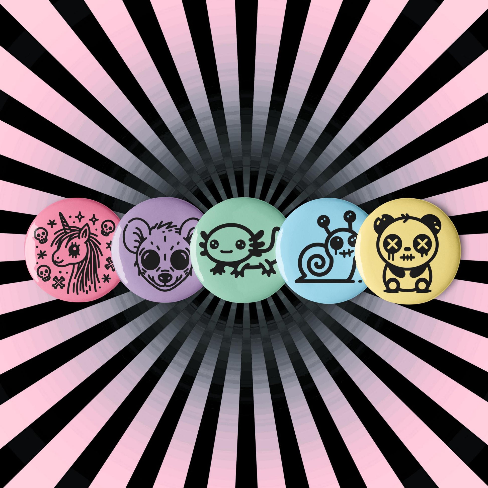 Spooky Cute Pastel Goth Weirdcore Animal Set of 5 Button Pins