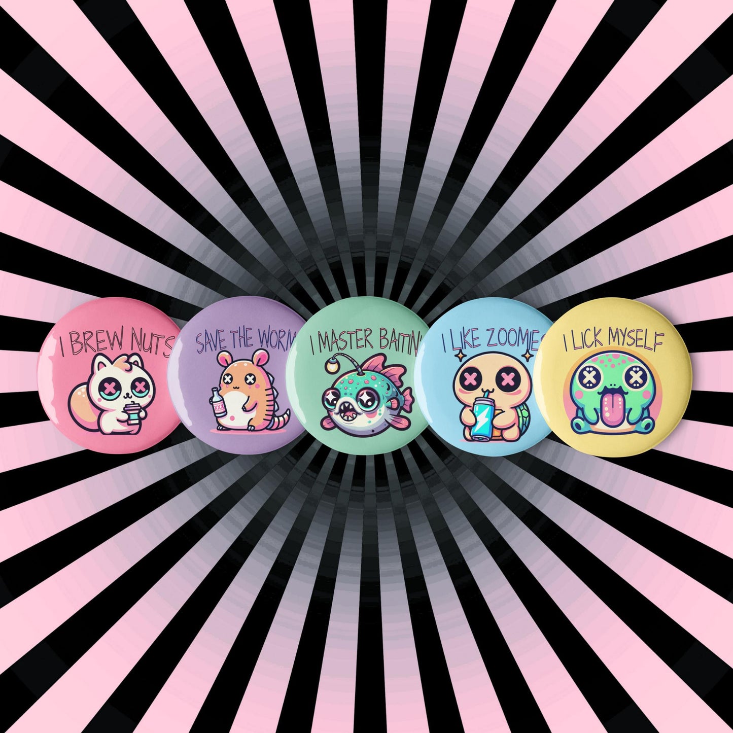Trippy Cute Weirdcore Kawaii Pastel Goth Bad Habit Animals Set of 5 Pin Buttons