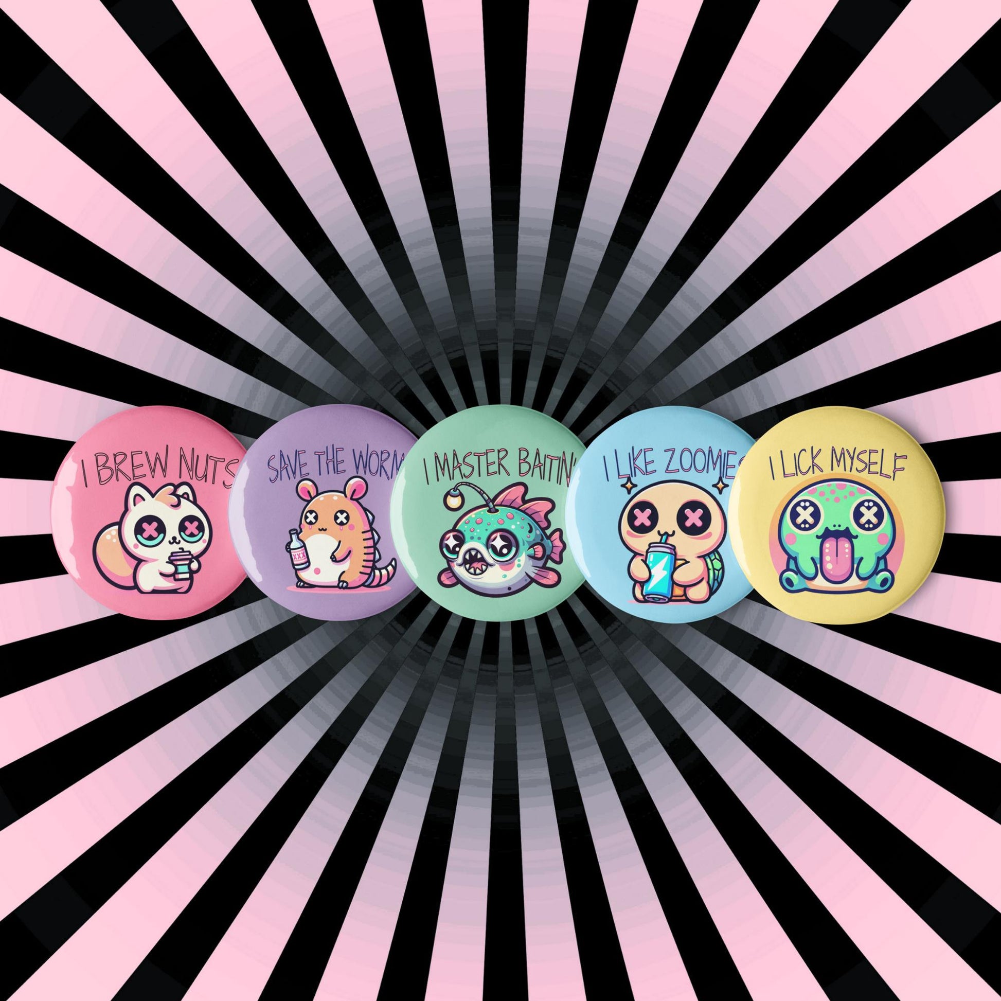 Trippy Cute Weirdcore Kawaii Pastel Goth Bad Habit Animals Set of 5 Pin Buttons
