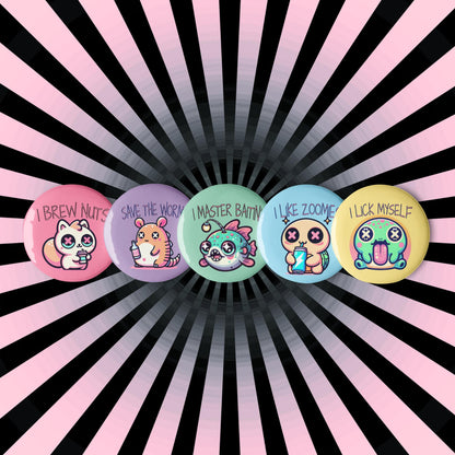 Trippy Cute Weirdcore Kawaii Pastel Goth Bad Habit Animals Set of 5 Pin Buttons