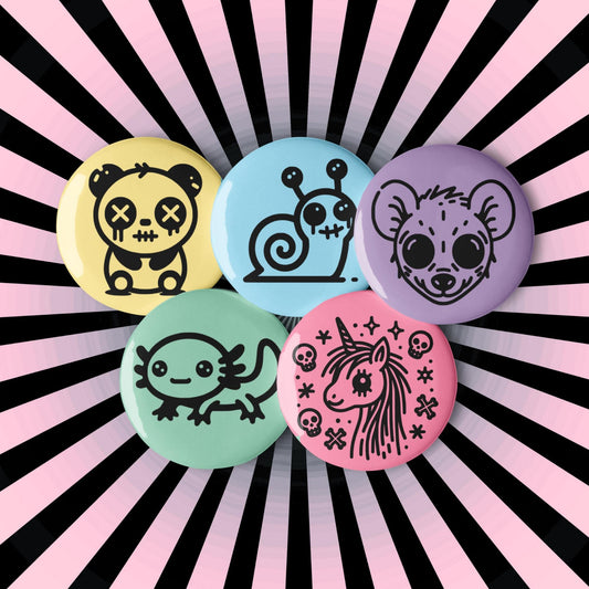 Spooky Cute Pastel Goth Weirdcore Animal Set of 5 Button Pins