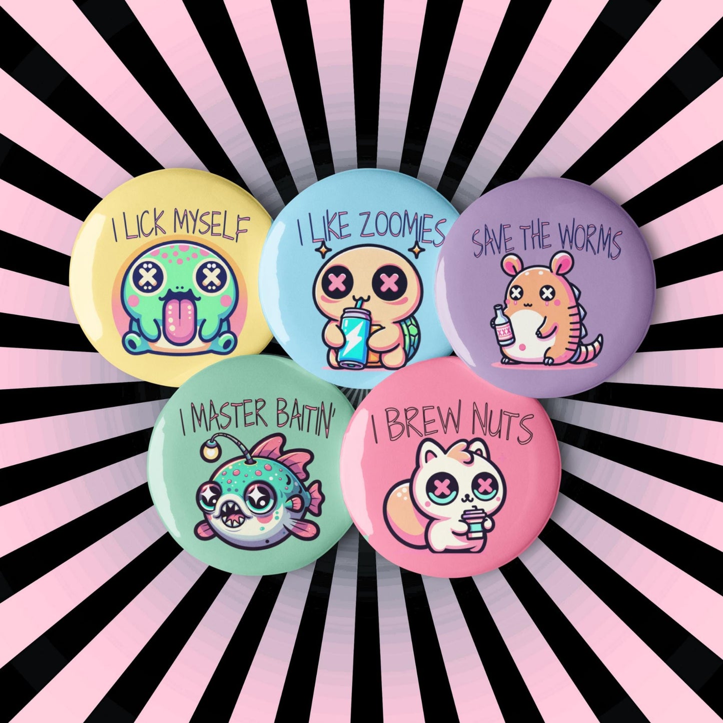 Trippy Cute Weirdcore Kawaii Pastel Goth Bad Habit Animals Set of 5 Pin Buttons