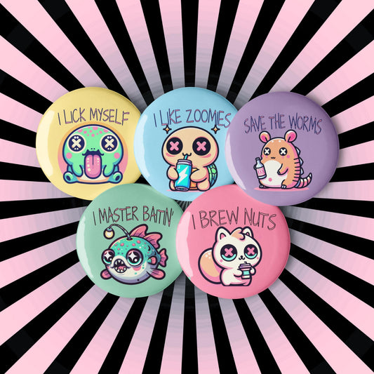 Trippy Cute Weirdcore Kawaii Pastel Goth Bad Habit Animals Set of 5 Pin Buttons