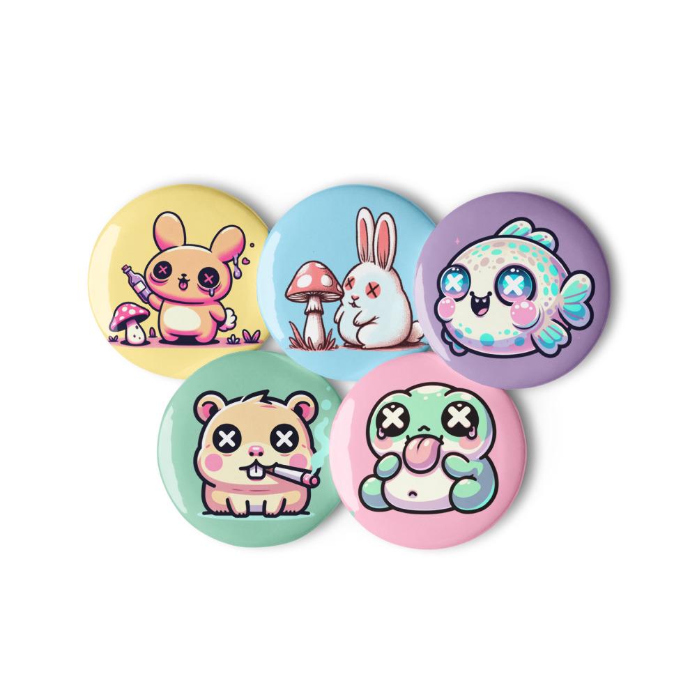 Fun Trippy Kawaii Pastel Goth Grunge Animals Set of 5 Pin Buttons