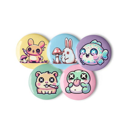 Fun Trippy Kawaii Pastel Goth Grunge Animals Set of 5 Pin Buttons