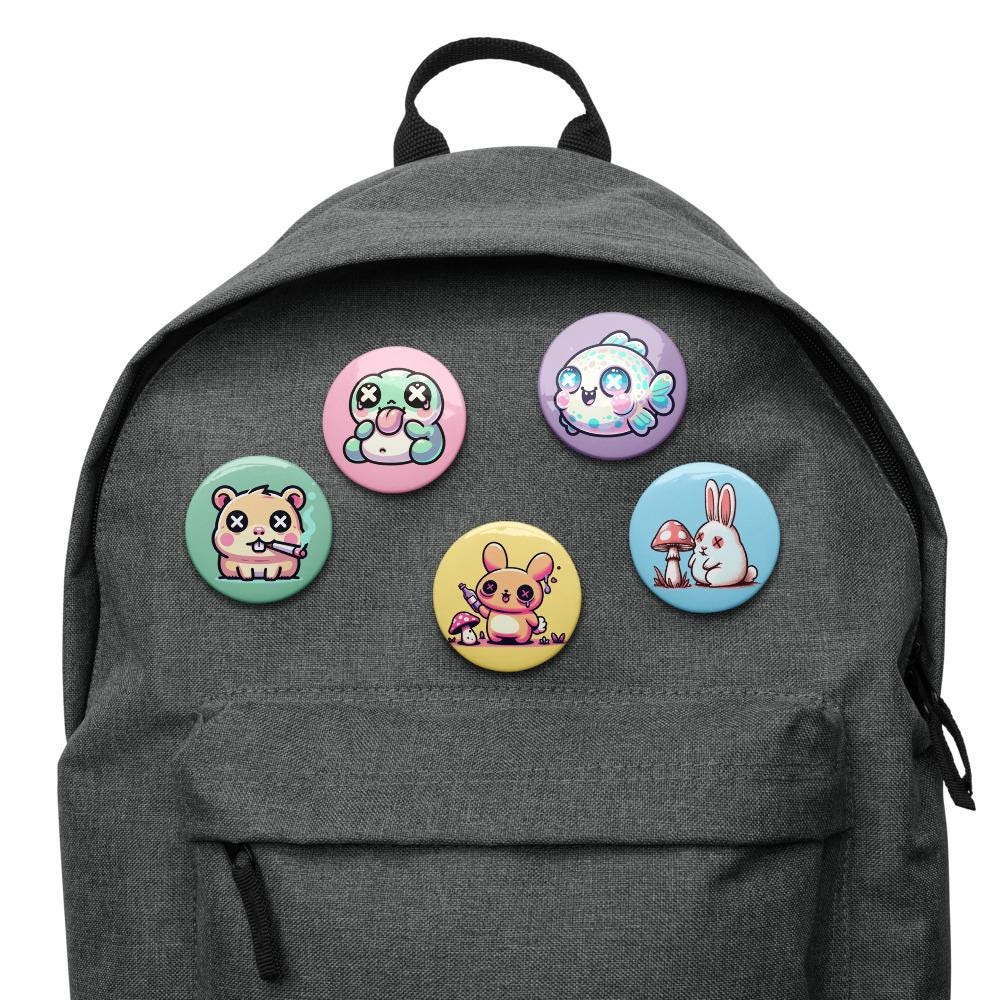 Fun Trippy Kawaii Pastel Goth Grunge Animals Set of 5 Pin Buttons