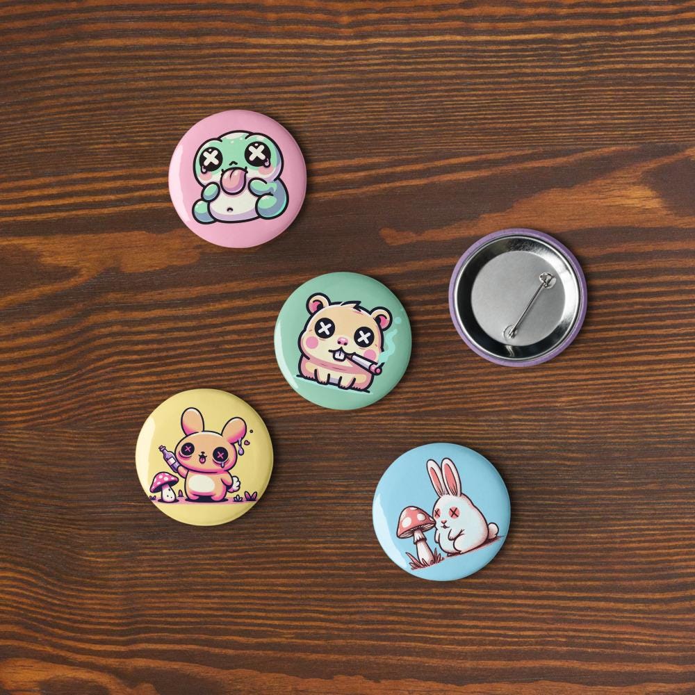 Fun Trippy Kawaii Pastel Goth Grunge Animals Set of 5 Pin Buttons