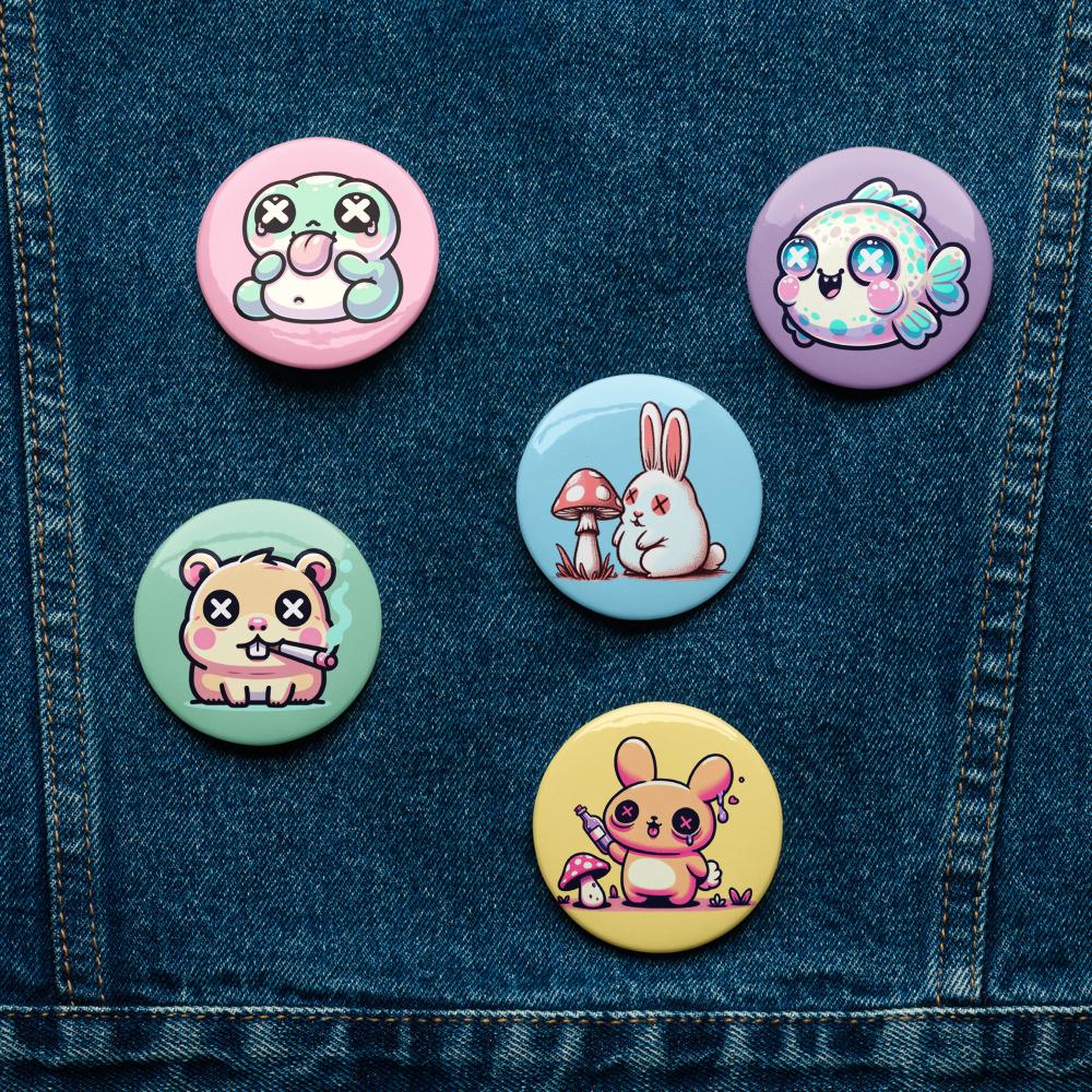 Fun Trippy Kawaii Pastel Goth Grunge Animals Set of 5 Pin Buttons