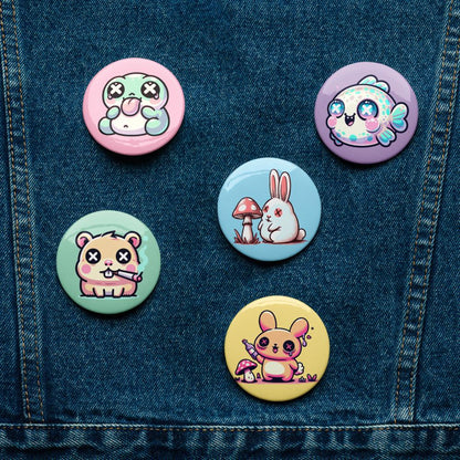 Fun Trippy Kawaii Pastel Goth Grunge Animals Set of 5 Pin Buttons