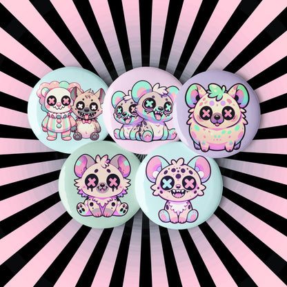 Creepy Cute Weirdcore Hyena Clowncore Set of 5 Pin Buttons
