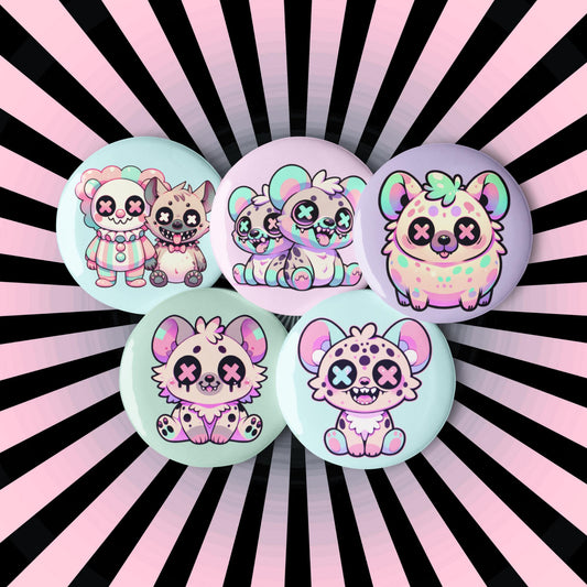 Creepy Cute Weirdcore Hyena Clowncore Set of 5 Pin Buttons