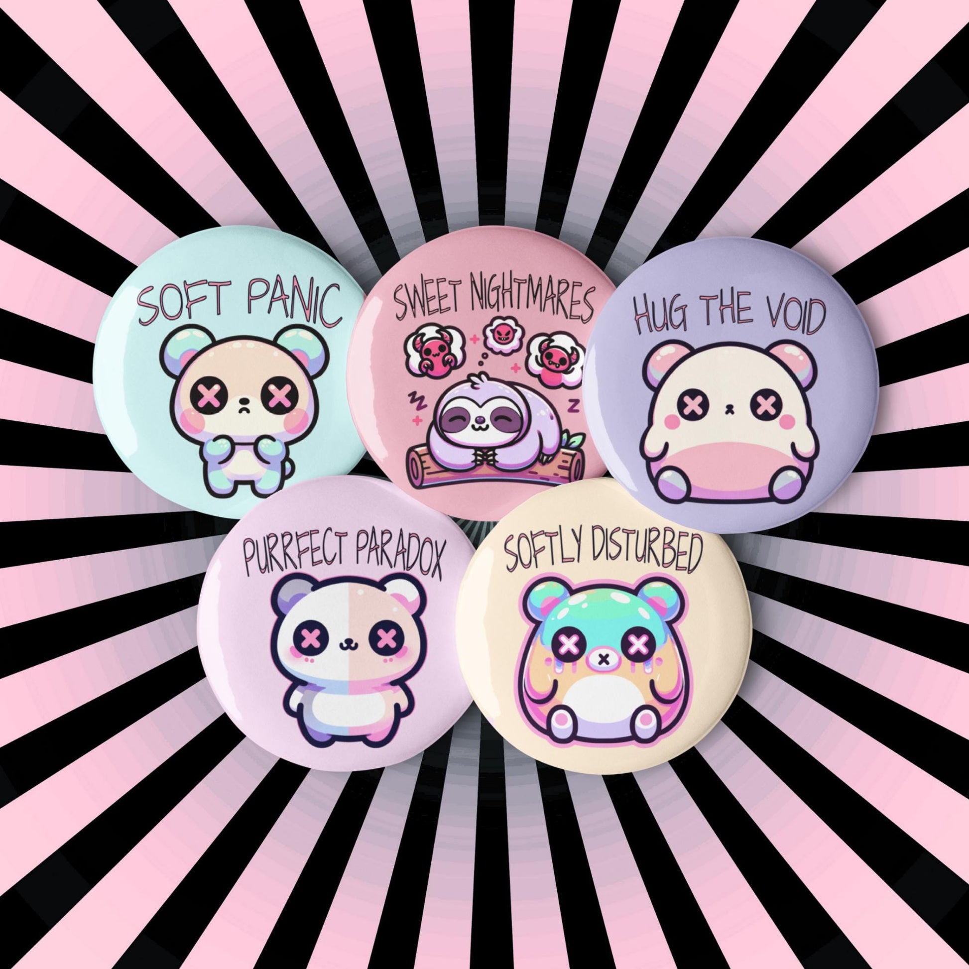 Trippy Weirdcore Mental Health Kawaii Pastel Goth Set of 5 Pin Buttons