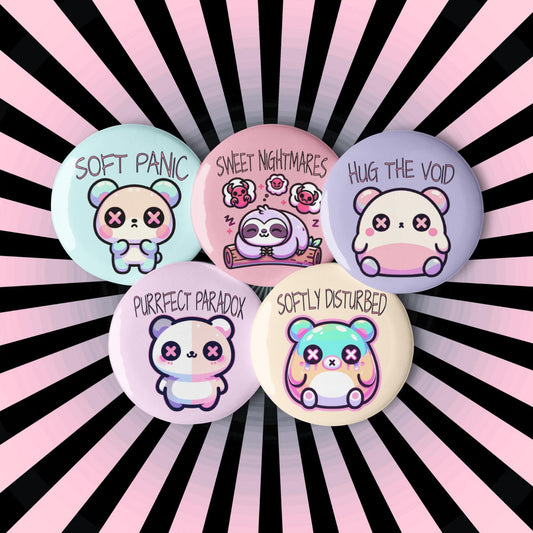 Trippy Weirdcore Mental Health Kawaii Pastel Goth Set of 5 Pin Buttons