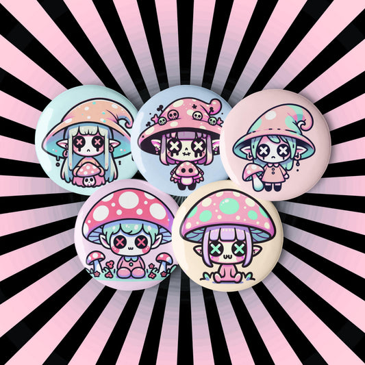 Trippy Pastel Grunge Goth Mushroom People Kawaii Set of 5 Button Pins