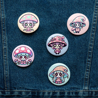 Trippy Pastel Grunge Goth Mushroom People Kawaii Set of 5 Button Pins