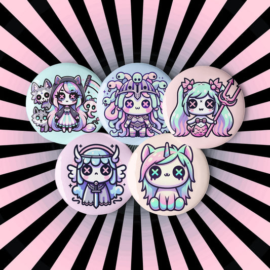 Pastel Goth Mythical Fantasy Weirdcore Grunge Kawaii Anime Set of 5 Pin Buttons