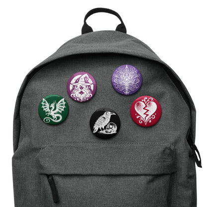 Vibrant Colored Gothic Art Set of 5 Pin Buttons of Raven Witch Dragon