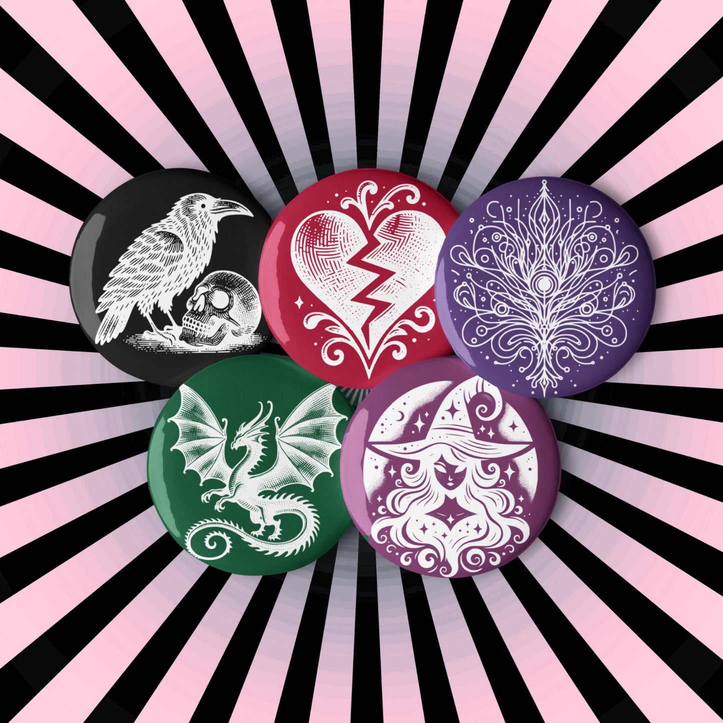 Vibrant Colored Gothic Art Set of 5 Pin Buttons of Raven Witch Dragon