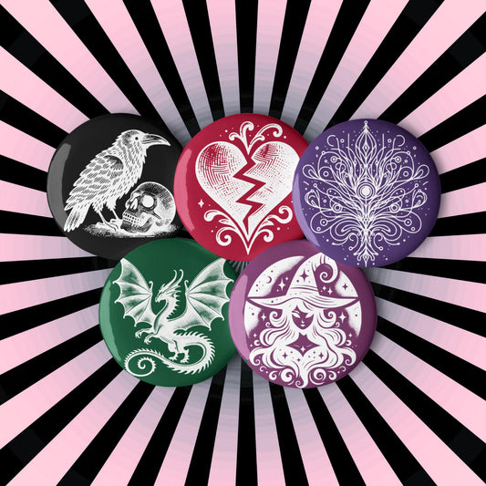 Vibrant Colored Gothic Art Set of 5 Pin Buttons of Raven Witch Dragon