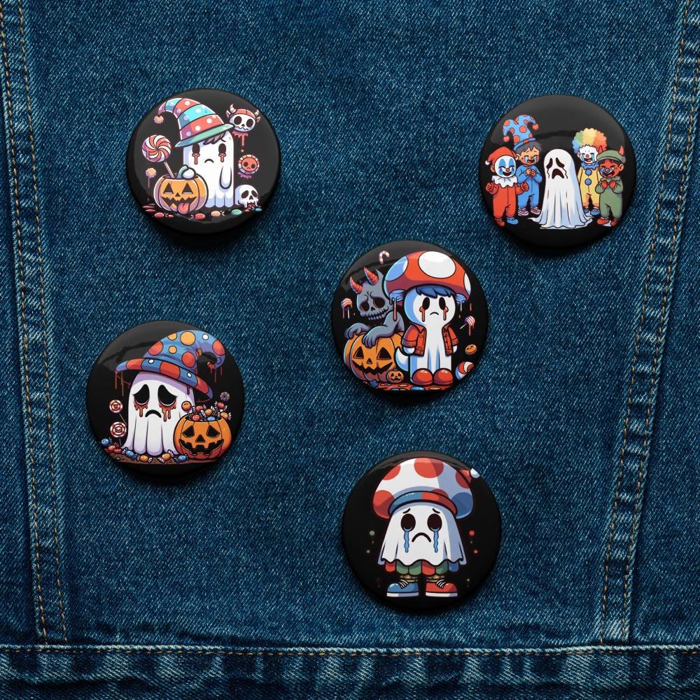 Spooky Cute Weirdcore Sad Ghosts Set of 5 Halloween Button Pins