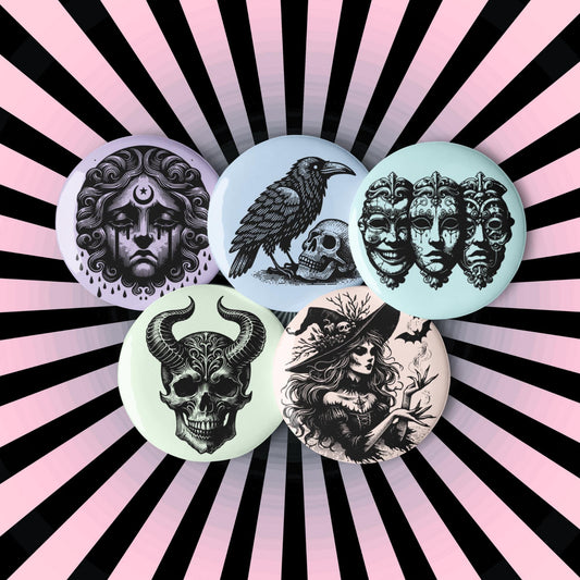 Pastel Goth Darkcore Punk Set of 5 Grunge Button Pins Witch Skull Raven Pins