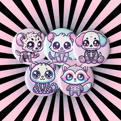 Cute Pastel Goth Skeleton Pets Raccoon Hyena Cat Dog Opossum Pins