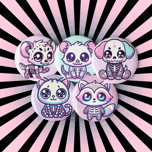Cute Pastel Goth Skeleton Pets Raccoon Hyena Cat Dog Opossum Pins