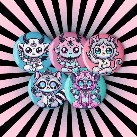 Creepy Cute Weirdcore Shaman Demon Animals Set of 5 Button Pins