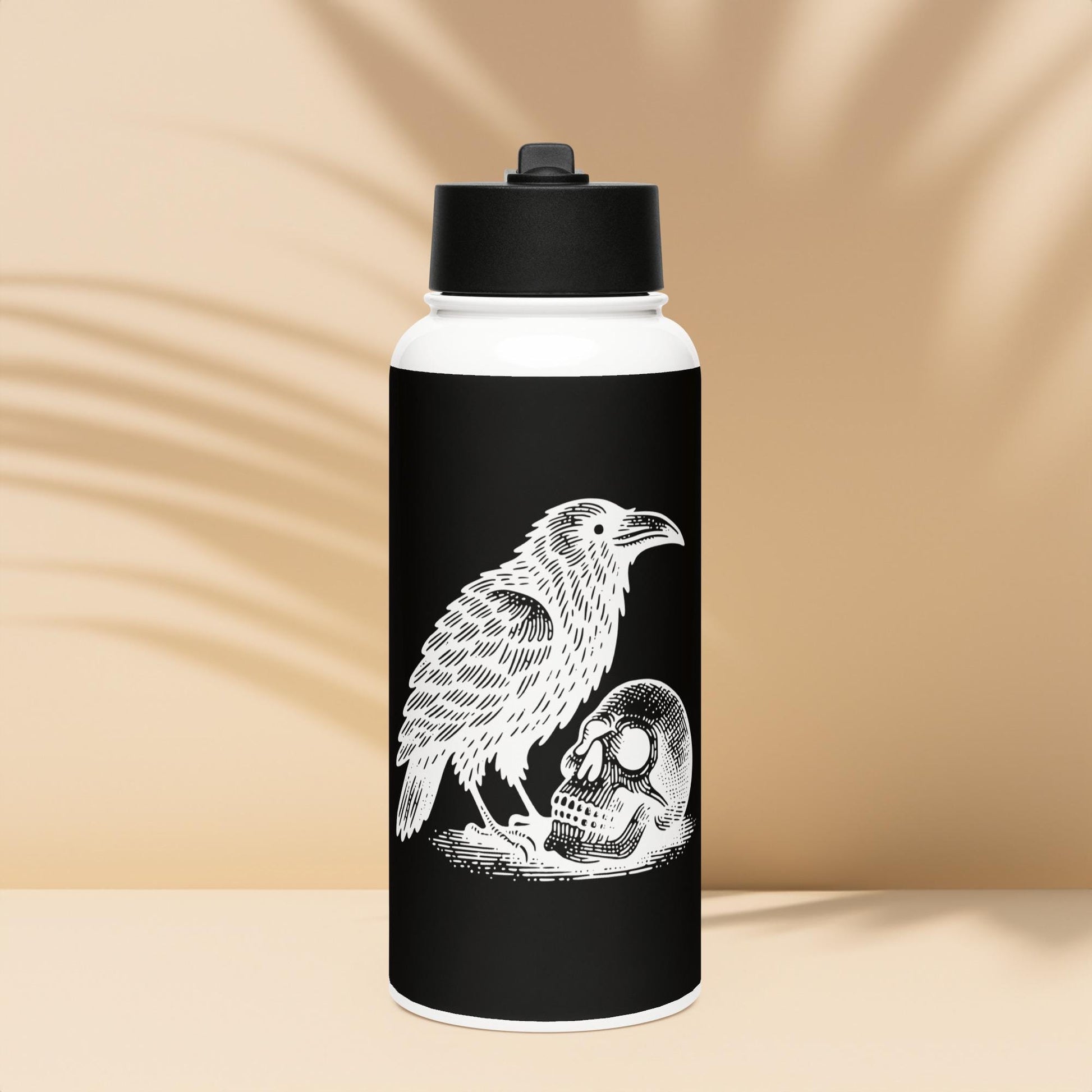 Gothic Grunge Raven and Skull Tumbler Stainless Steel Water Bottle with Straw & Lid