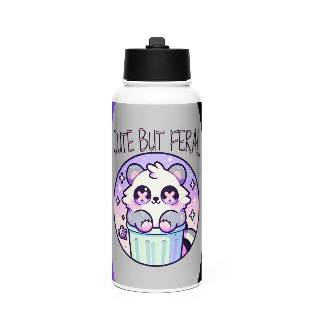 Cute But Feral Weirdcore Raccoon Pastel Grunge Goth Tumbler Stainless Steel Water Bottle with Straw & Lid