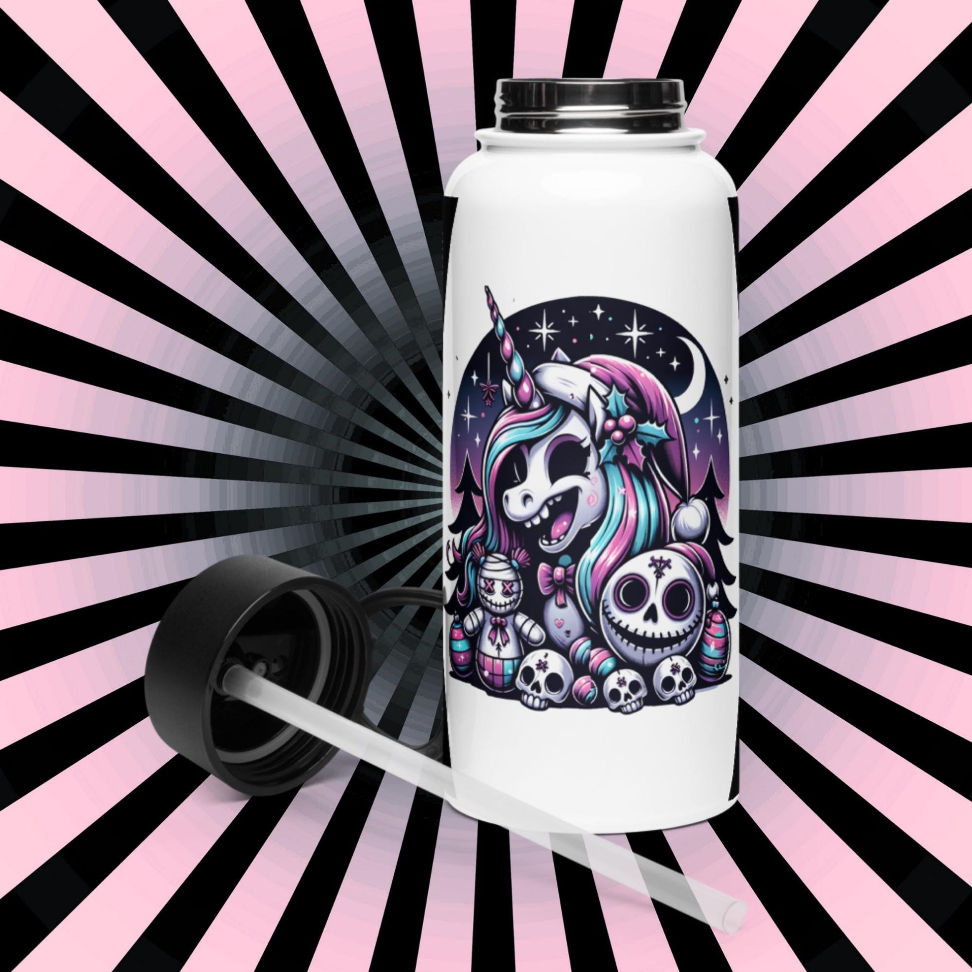Creepy Cute Unicorn Santa Hat Grunge Pastel Goth Weirdcore Tumbler Stainless Steel Water Bottle with Straw & Lid