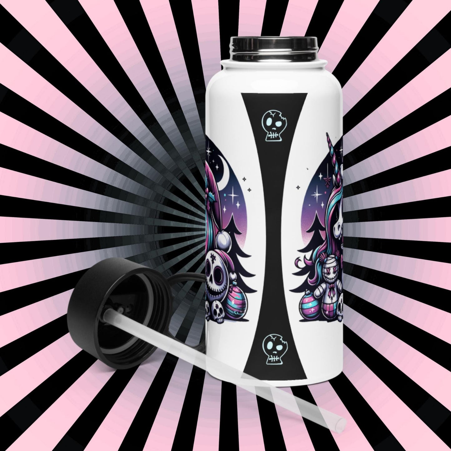 Creepy Cute Unicorn Santa Hat Grunge Pastel Goth Weirdcore Tumbler Stainless Steel Water Bottle with Straw & Lid