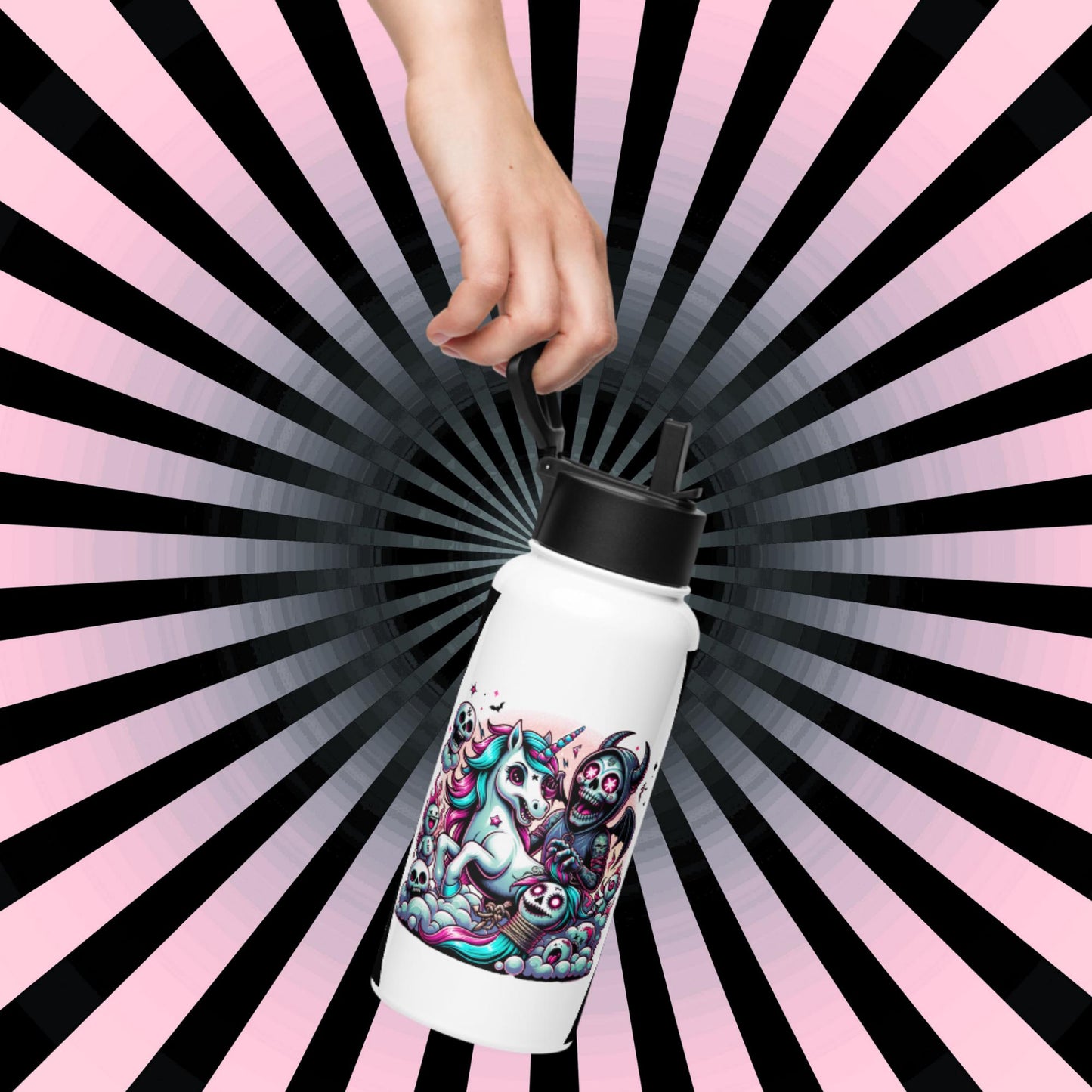 Creepy Horror Cute Weirdcore Unicorn Grim Reaper Battle Tumbler Stainless Steel Water Bottle with Straw & Lid