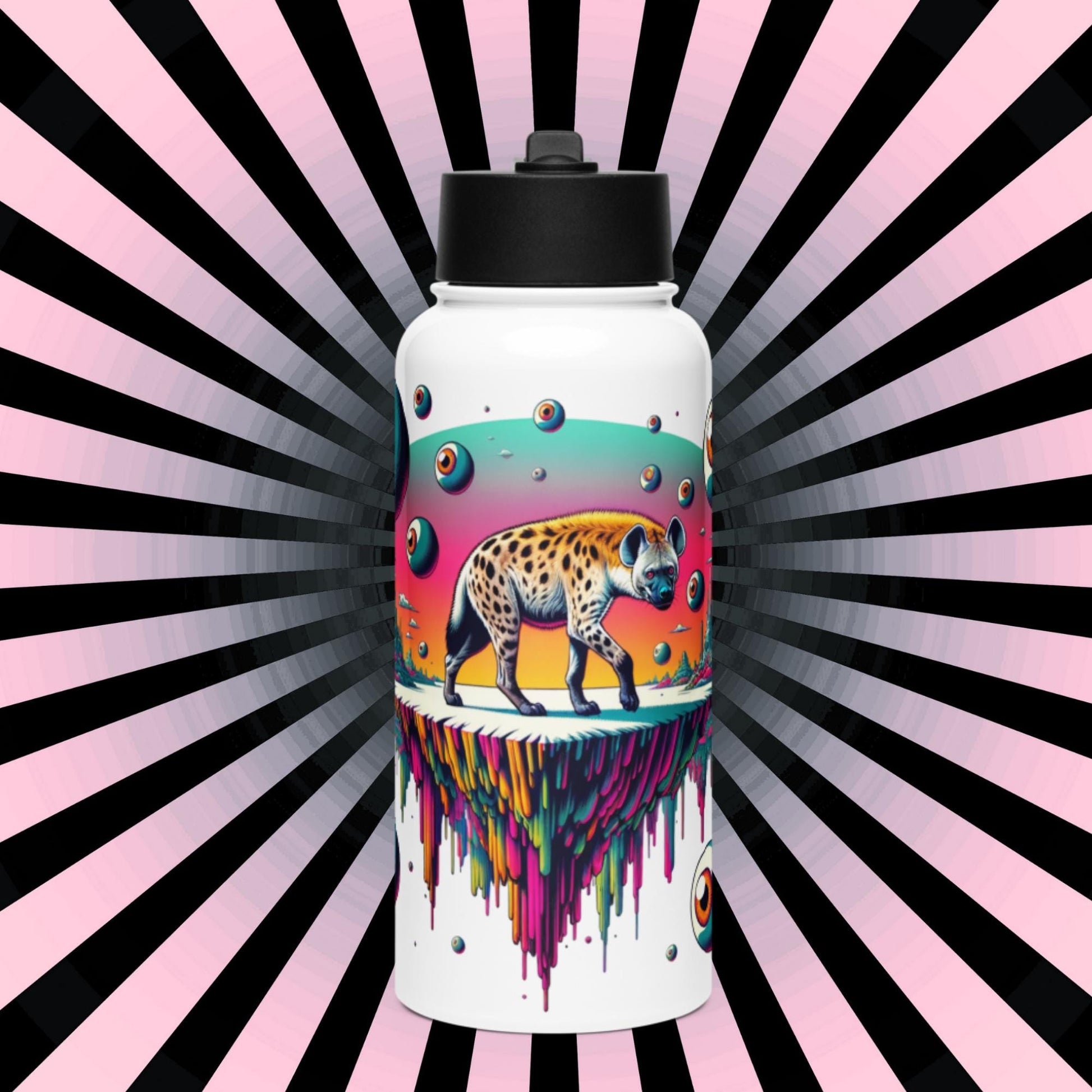 Creepy Weirdcore Hyena Floating Eyeballs Stainless Steel Water Bottle with Straw & Lid