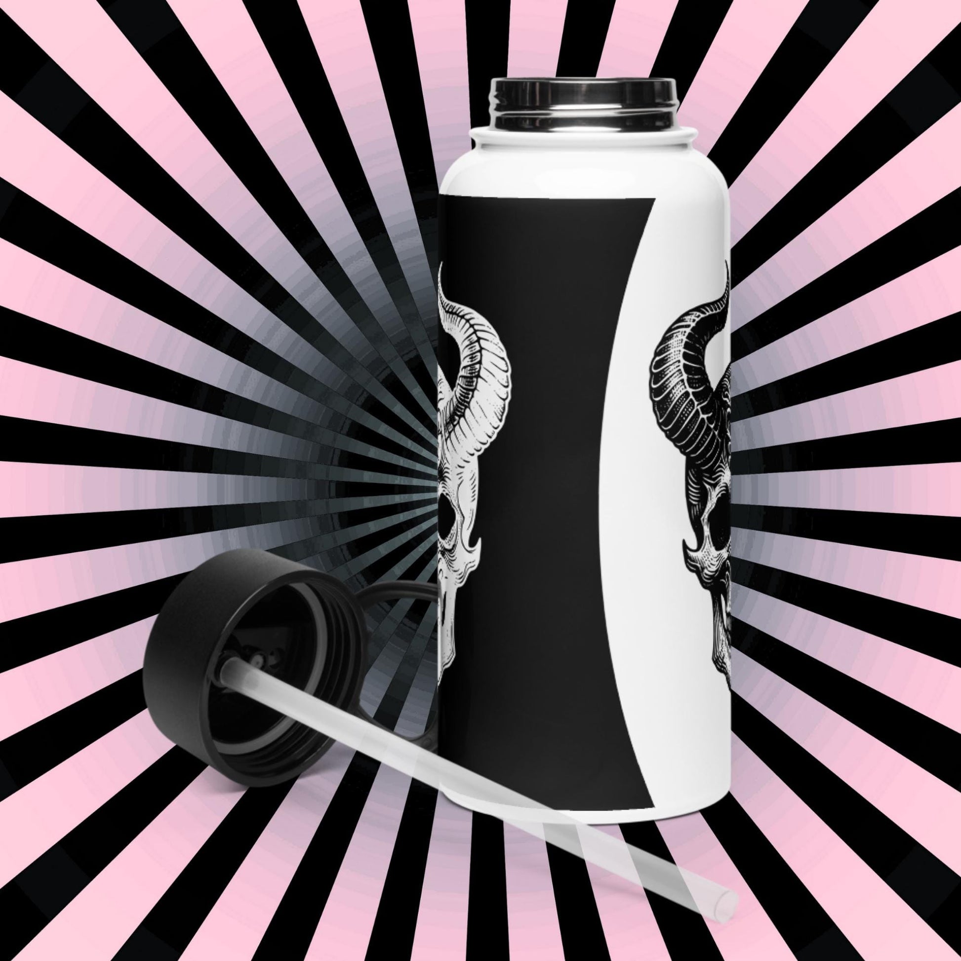 Darkcore Gothic Horned Skull Tumbler Stainless Steel Water Bottle with Straw & Lid