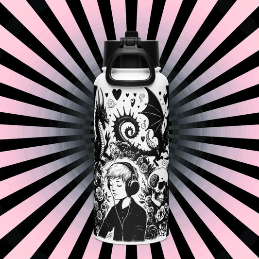 Gothic Grunge Boy Listening with Headphones Darkcore Tumbler Stainless Steel Water Bottle with Straw & Lid