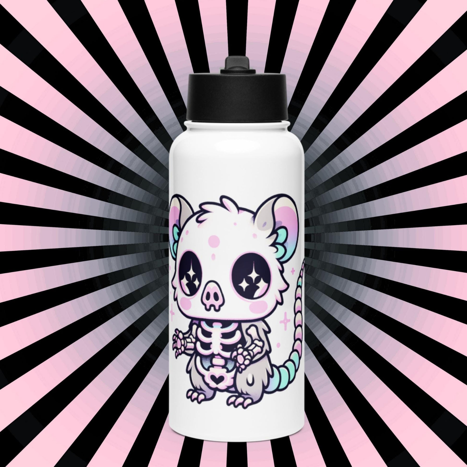 Creepy Cute Skeleton Weirdcore Pastel Grunge Opossum Tumbler Stainless Steel Water Bottle with Straw & Lid