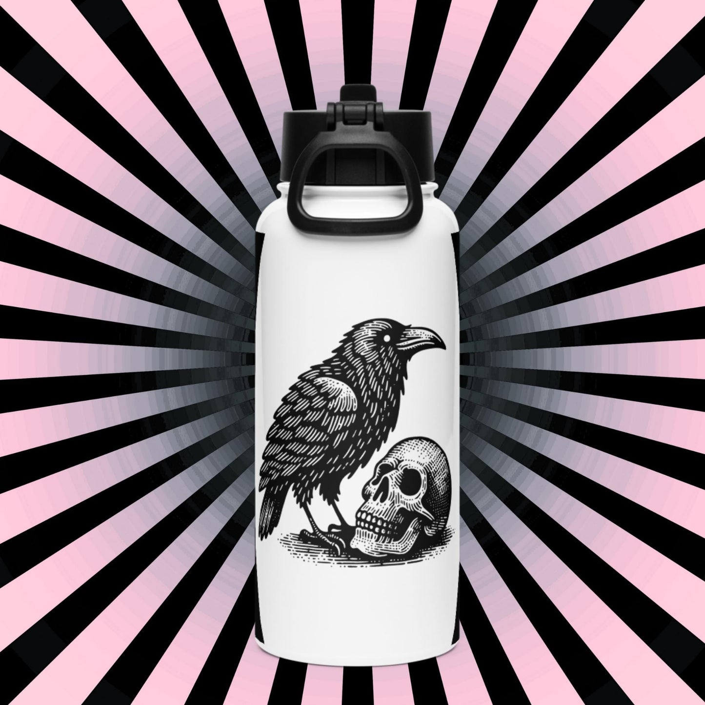 Gothic Grunge Raven and Skull Tumbler Stainless Steel Water Bottle with Straw & Lid