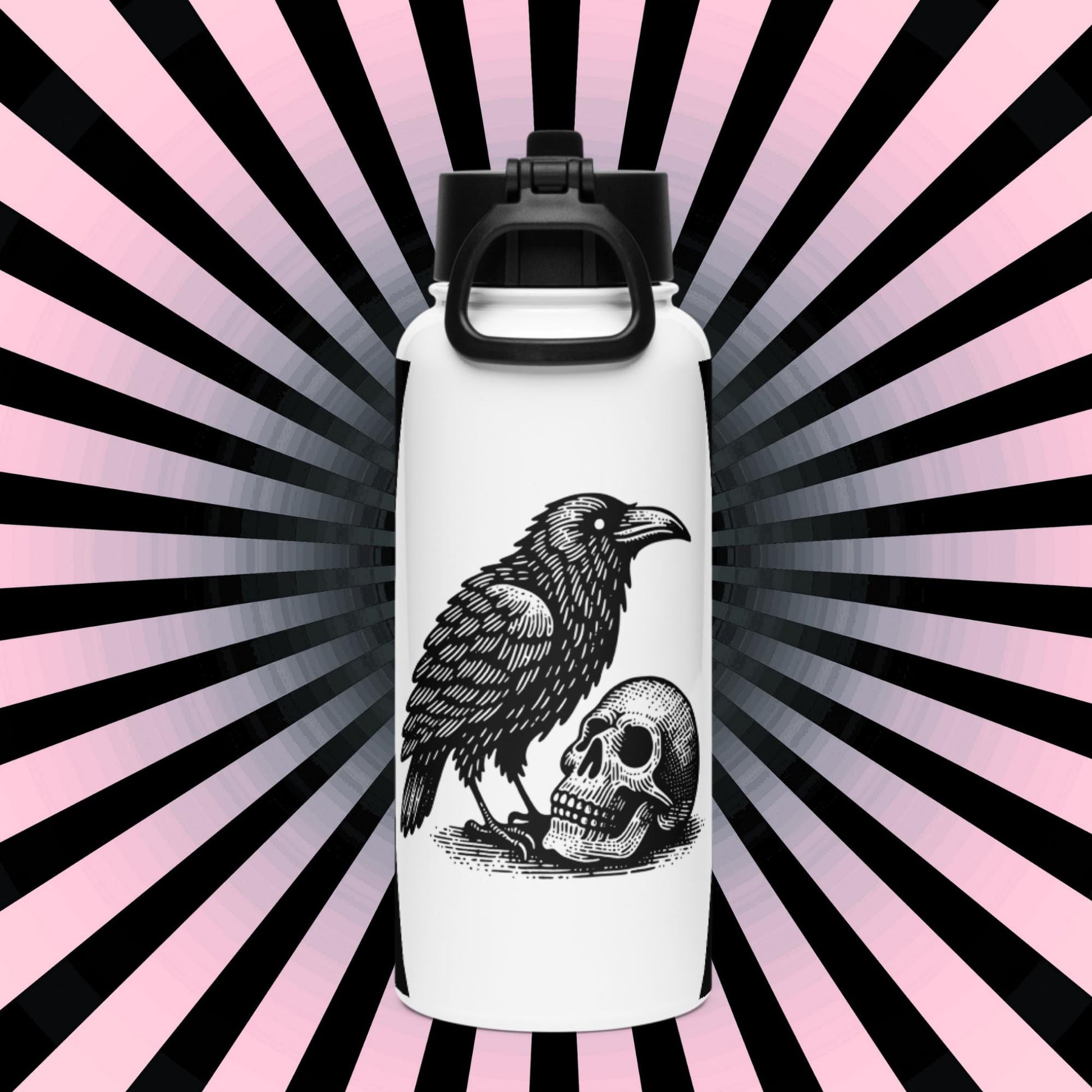Gothic Grunge Raven and Skull Tumbler Stainless Steel Water Bottle with Straw & Lid