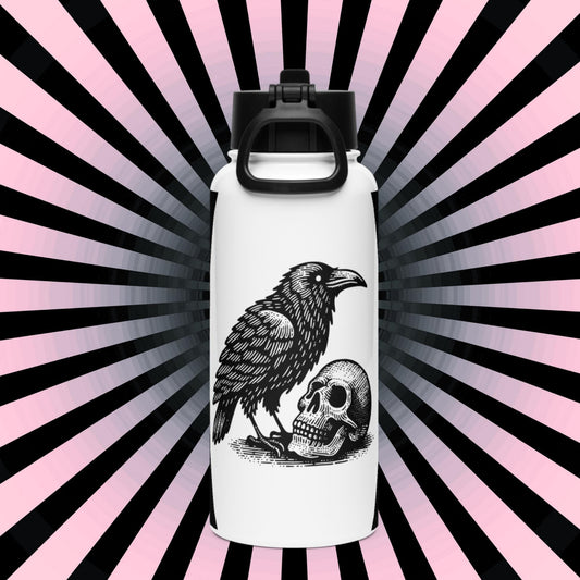 Gothic Grunge Raven and Skull Tumbler Stainless Steel Water Bottle with Straw & Lid