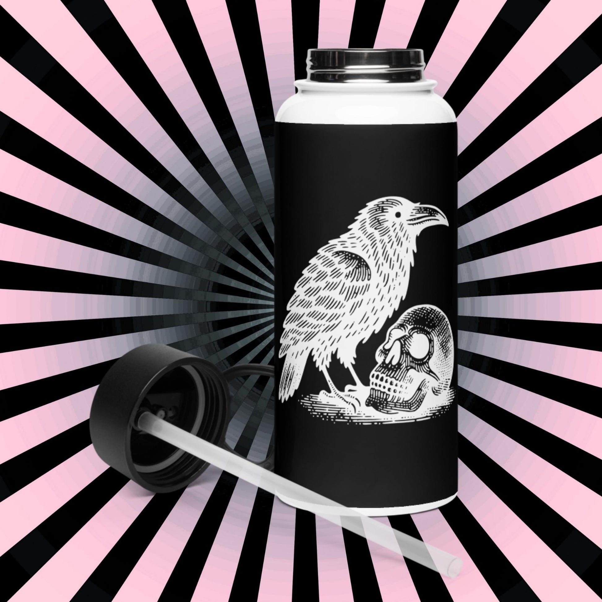 Gothic Grunge Raven and Skull Tumbler Stainless Steel Water Bottle with Straw & Lid