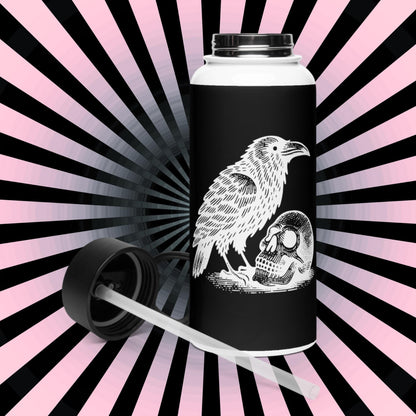 Gothic Grunge Raven and Skull Tumbler Stainless Steel Water Bottle with Straw & Lid