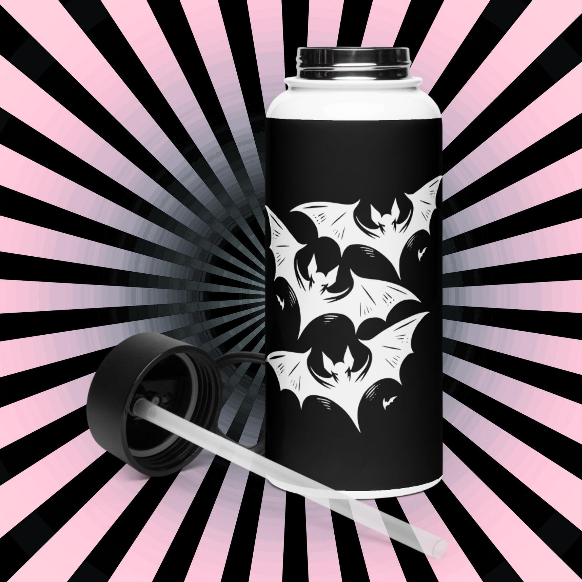 Spooky Grunge Goth Witch and Bats Weirdcore Tumbler Stainless Steel Water Bottle with Straw & Lid